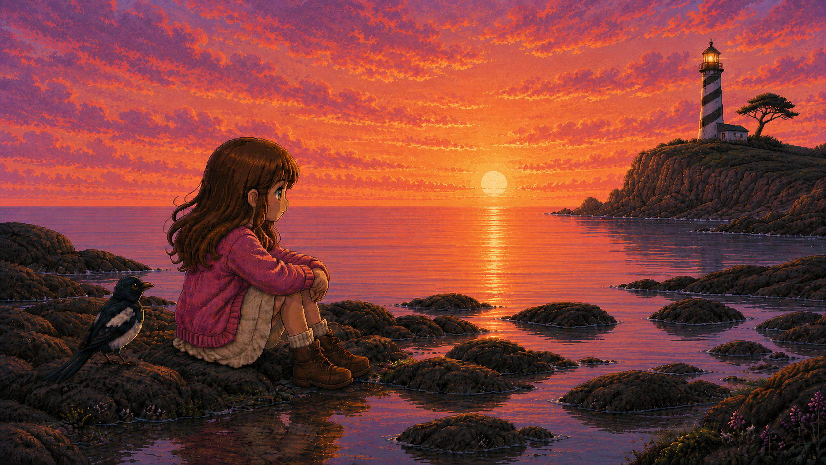 Lúa y Nala junto al mar al atardecer, con el faro LASAI al fondo