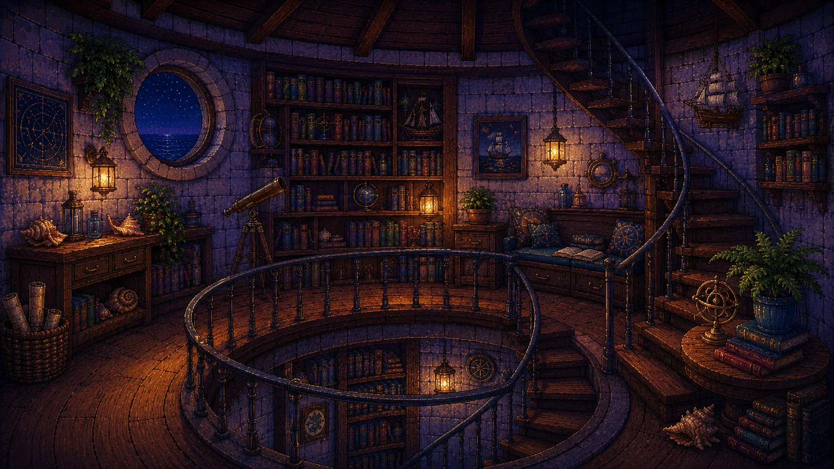 Biblioteca circular del faro LASAI en pixel art