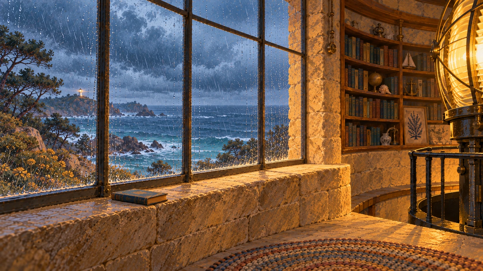 La lluvia y el mar desde el interior cálido del faro LASAI